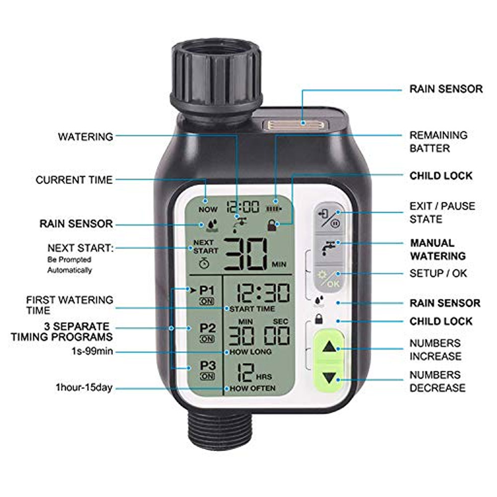 Ψηφιακός Προγραμματιστής Ποτίσματος Μπαταρίας με Αισθητήρα Βροχής Μονής Εξόδου Μαύρος Ψηφιακός Προγραμματιστής Ποτίσματος Μπαταρίας με Αισθητήρα Βροχής Μονής Εξόδου Μαύρος