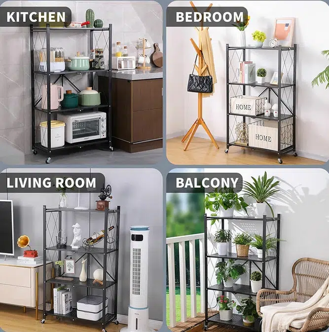 Πτυσσόμενη Μεταλλική Ραφιέρα Οργάνωσης 4 Επιπέδων με Ρόδες 126 x 71 x 38 cm - Μαύρο Χρώμα Πτυσσόμενη Μεταλλική Ραφιέρα Οργάνωσης 4 Επιπέδων με Ρόδες 126 x 71 x 38 cm - Μαύρο Χρώμα