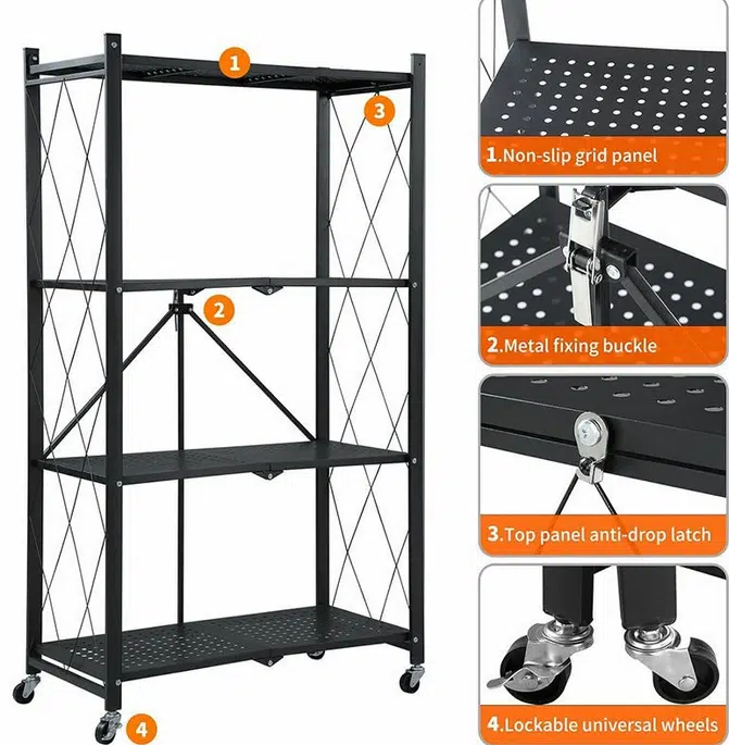 Πτυσσόμενη Μεταλλική Ραφιέρα Οργάνωσης 4 Επιπέδων με Ρόδες 126 x 71 x 38 cm - Μαύρο Χρώμα Πτυσσόμενη Μεταλλική Ραφιέρα Οργάνωσης 4 Επιπέδων με Ρόδες 126 x 71 x 38 cm - Μαύρο Χρώμα