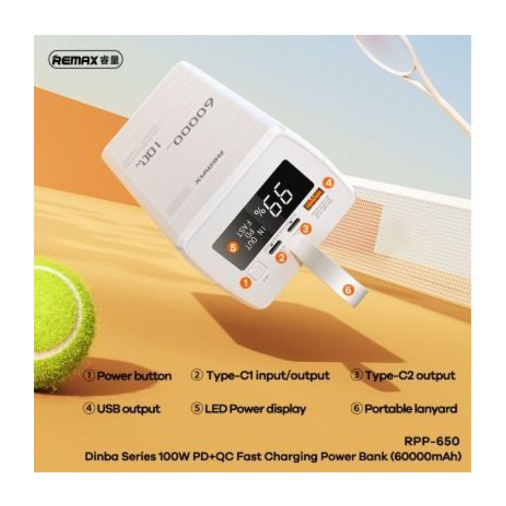 Remax Power Bank 60000mAh με Γρήγορη Φόρτιση PD100W – Λευκό Remax Power Bank 60000mAh με Γρήγορη Φόρτιση PD100W – Λευκό