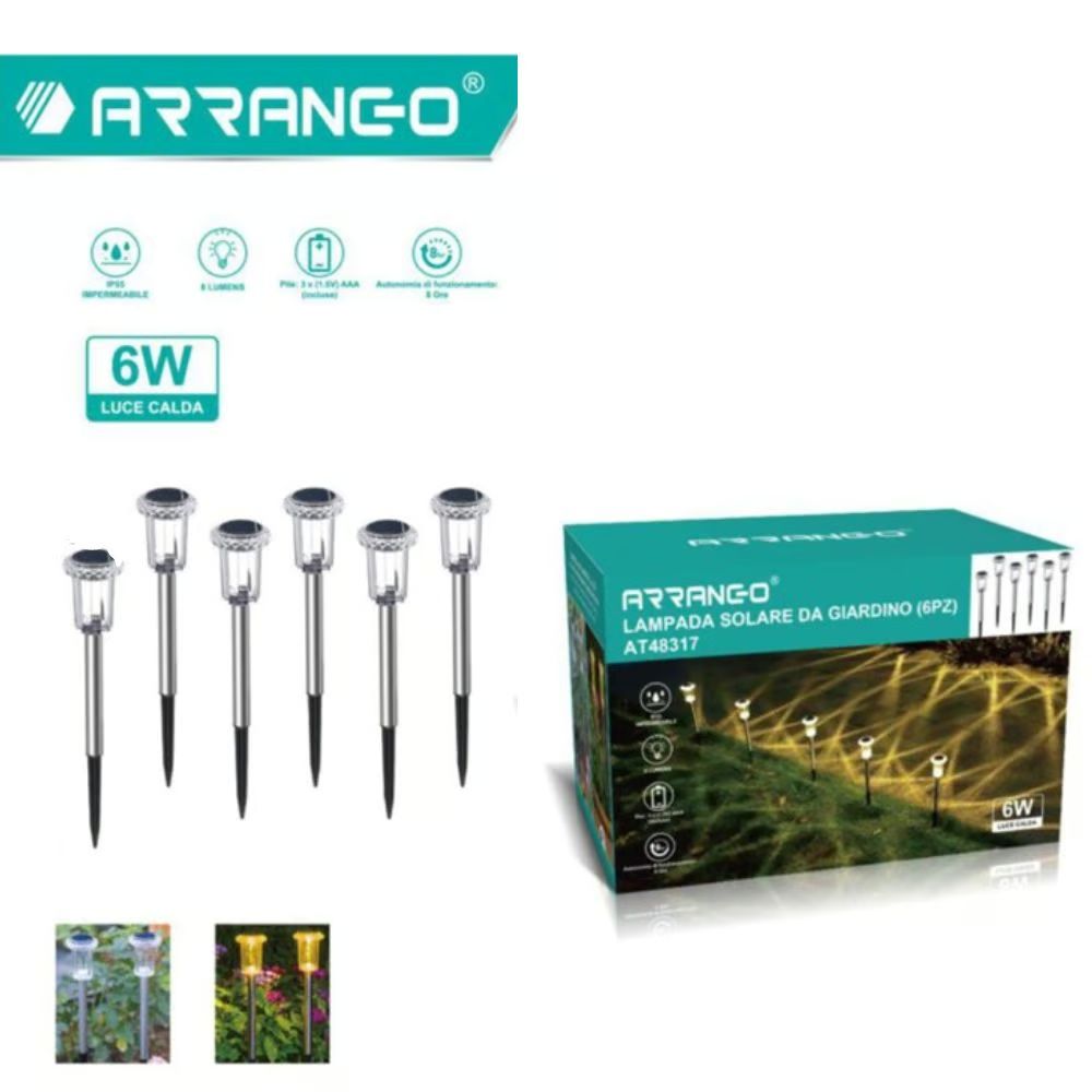 Σετ 6 Καρφωτά Αδιάβροχα Ηλιακά Φωτιστικά Κήπου 6W με Φως Θερμού Λευκού Χρώματος Arrango Σετ 6 Καρφωτά Αδιάβροχα Ηλιακά Φωτιστικά Κήπου 6W με Φως Θερμού Λευκού Χρώματος Arrango