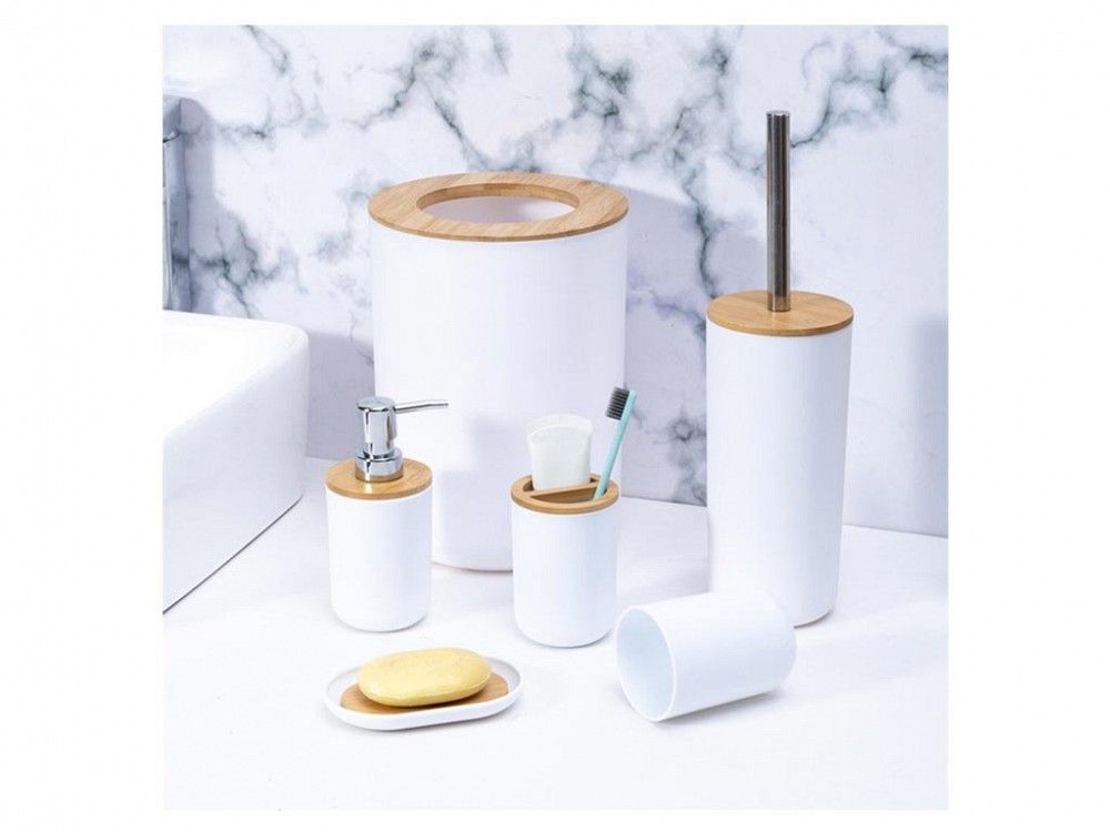 Σετ Αξεσουάρ Μπάνιου και Τουαλέτας 6 Τεμαχίων με Bamboo Λεπτομέρειες Λευκό Σετ Αξεσουάρ Μπάνιου και Τουαλέτας 6 Τεμαχίων με Bamboo Λεπτομέρειες Λευκό