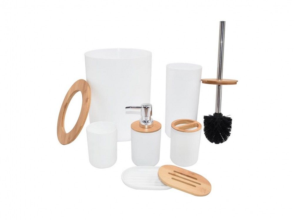 Σετ Αξεσουάρ Μπάνιου και Τουαλέτας 6 Τεμαχίων με Bamboo Λεπτομέρειες Λευκό Σετ Αξεσουάρ Μπάνιου και Τουαλέτας 6 Τεμαχίων με Bamboo Λεπτομέρειες Λευκό