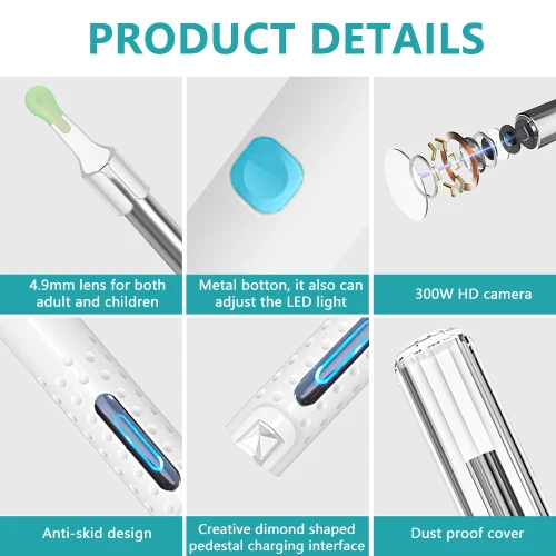 Εργαλείο αφαίρεσης κεριού αυτιού με κάμερα HD και καθαριστικό αυτιού με 6 φώτα LED – Λευκό Εργαλείο αφαίρεσης κεριού αυτιού με κάμερα HD και καθαριστικό αυτιού με 6 φώτα LED – Λευκό