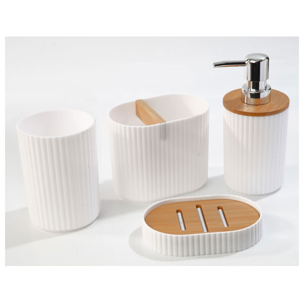 Σετ Μπάνιου 4 Τεμαχίων με Ξύλινες Λεπτομέρειες Λευκό Σετ Μπάνιου 4 Τεμαχίων με Ξύλινες Λεπτομέρειες Λευκό