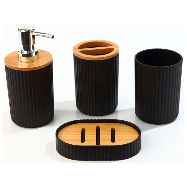 Σετ Μπάνιου 4 Τεμαχίων με Ξύλινες Λεπτομέρειες Μαύρο Σετ Μπάνιου 4 Τεμαχίων με Ξύλινες Λεπτομέρειες Μαύρο