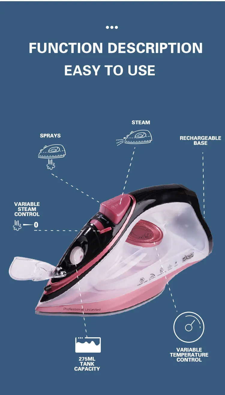 Σίδερο Ατμού με Αντικολλητική Πλάκα και Βάση Στήριξης DSP 2200W 220V Λευκό-Ροζ Σίδερο Ατμού με Αντικολλητική Πλάκα και Βάση Στήριξης DSP 2200W 220V Λευκό-Ροζ