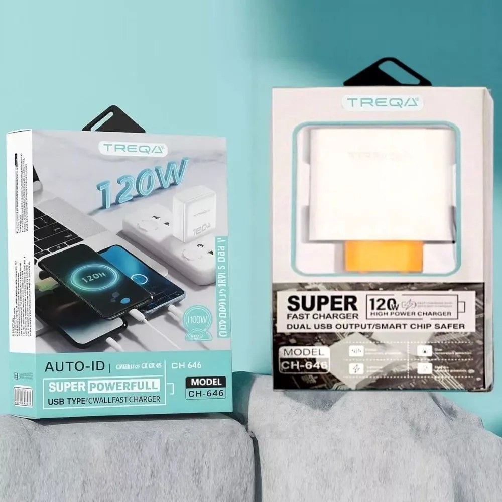 Treqa Φορτιστής 120W Dual USB – Γρήγορη Φόρτιση Type-C, USB και Smart Chip Safety Treqa Φορτιστής 120W Dual USB – Γρήγορη Φόρτιση Type-C, USB και Smart Chip Safety
