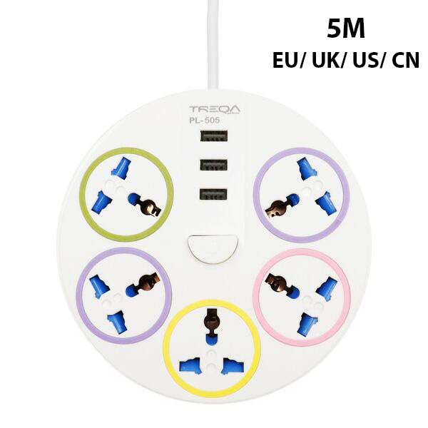 Treqa Πολύπριζο Ασφαλείας 3000W 5 Θέσεων EU/ UK/ US/ CN με Διακόπτη, 3 Θύρες USB & Καλώδιο 5 Μέτρα - Λευκό Treqa Πολύπριζο Ασφαλείας 3000W 5 Θέσεων EU/ UK/ US/ CN με Διακόπτη, 3 Θύρες USB & Καλώδιο 5 Μέτρα - Λευκό
