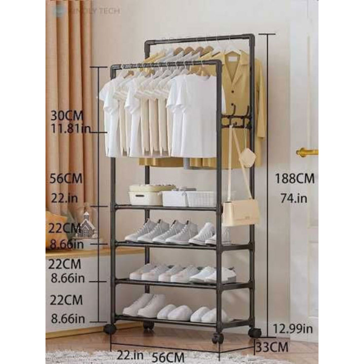 Τροχήλατη Διπλή Μεταλλική Κρεμάστρα Δαπέδου με 5 Ράφια Οργάνωσης Ρούχων & Παπουτσιών 188x56x33 cm Τροχήλατη Διπλή Μεταλλική Κρεμάστρα Δαπέδου με 5 Ράφια Οργάνωσης Ρούχων & Παπουτσιών 188x56x33 cm