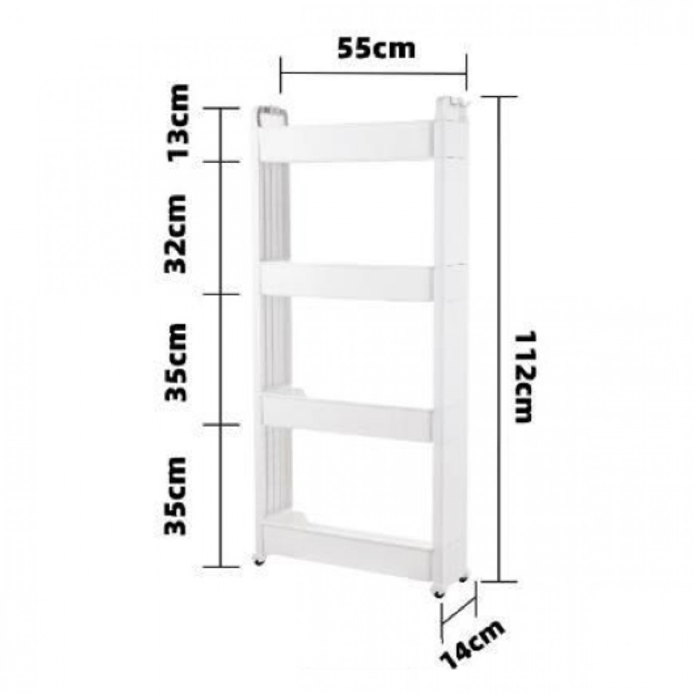 Τροχήλατη Στενή Ραφιέρα - Βάση Οργάνωσης με 4 Ράφια Πλαστική Λευκή 1,12x55x14εκ Τροχήλατη Στενή Ραφιέρα - Βάση Οργάνωσης με 4 Ράφια Πλαστική Λευκή 1,12x55x14εκ