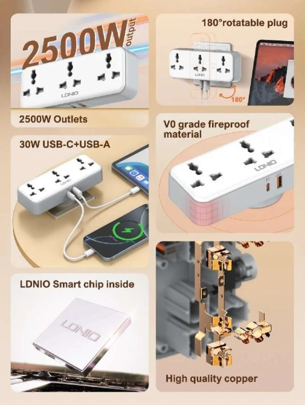 Universal Περιστρεφόμενο Πολύπριζο 3 Θέσεων και 2 Θύρες USB PD/QC 3.0 30W LDNIO Universal Περιστρεφόμενο Πολύπριζο 3 Θέσεων και 2 Θύρες USB PD/QC 3.0 30W LDNIO