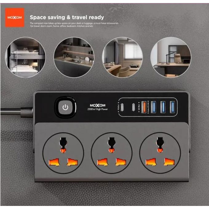 Universal Πολύπριζο 3 Θέσεων με 4 Θύρες USB & 2 Θύρες USB-C & Καλώδιο 2m - Moxom Universal Πολύπριζο 3 Θέσεων με 4 Θύρες USB & 2 Θύρες USB-C & Καλώδιο 2m - Moxom