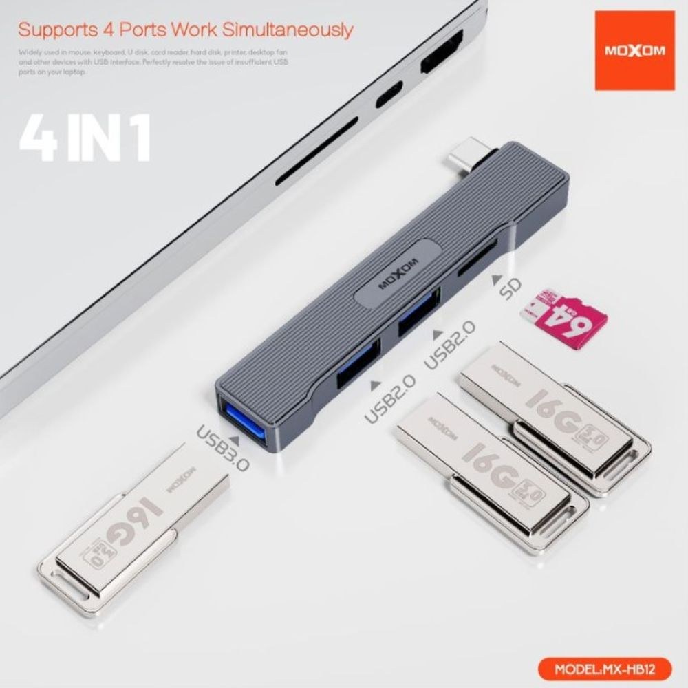 USB-C Hub 4 σε 1 Moxom – Ευέλικτη Συνδεσιμότητα με Αναγνώστη Καρτών USB-C Hub 4 σε 1 Moxom – Ευέλικτη Συνδεσιμότητα με Αναγνώστη Καρτών