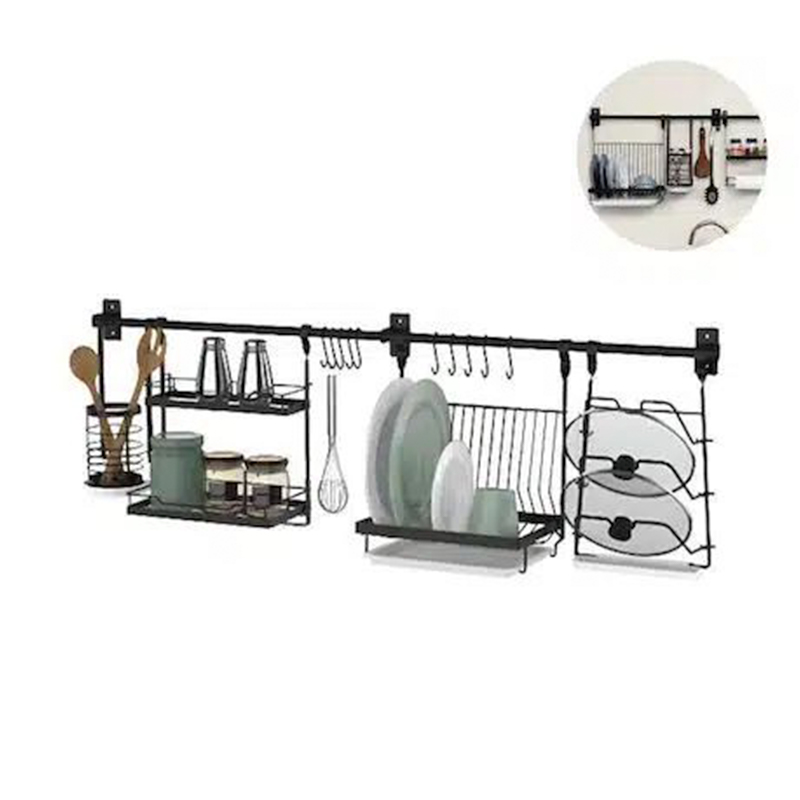 Βάση Οργάνωσης Κουζίνας Σετ Επιτοίχια Ράφια με Γάντζους σε Ράγα Μεταλλική 119x24x38cm Μαύρα Βάση Οργάνωσης Κουζίνας Σετ Επιτοίχια Ράφια με Γάντζους σε Ράγα Μεταλλική 119x24x38cm Μαύρα