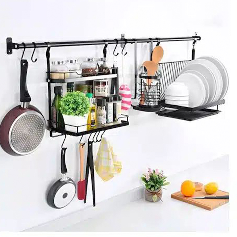Βάση Οργάνωσης Κουζίνας Σετ Επιτοίχια Ράφια με Γάντζους σε Ράγα Μεταλλική 119x24x38cm Μαύρα Βάση Οργάνωσης Κουζίνας Σετ Επιτοίχια Ράφια με Γάντζους σε Ράγα Μεταλλική 119x24x38cm Μαύρα