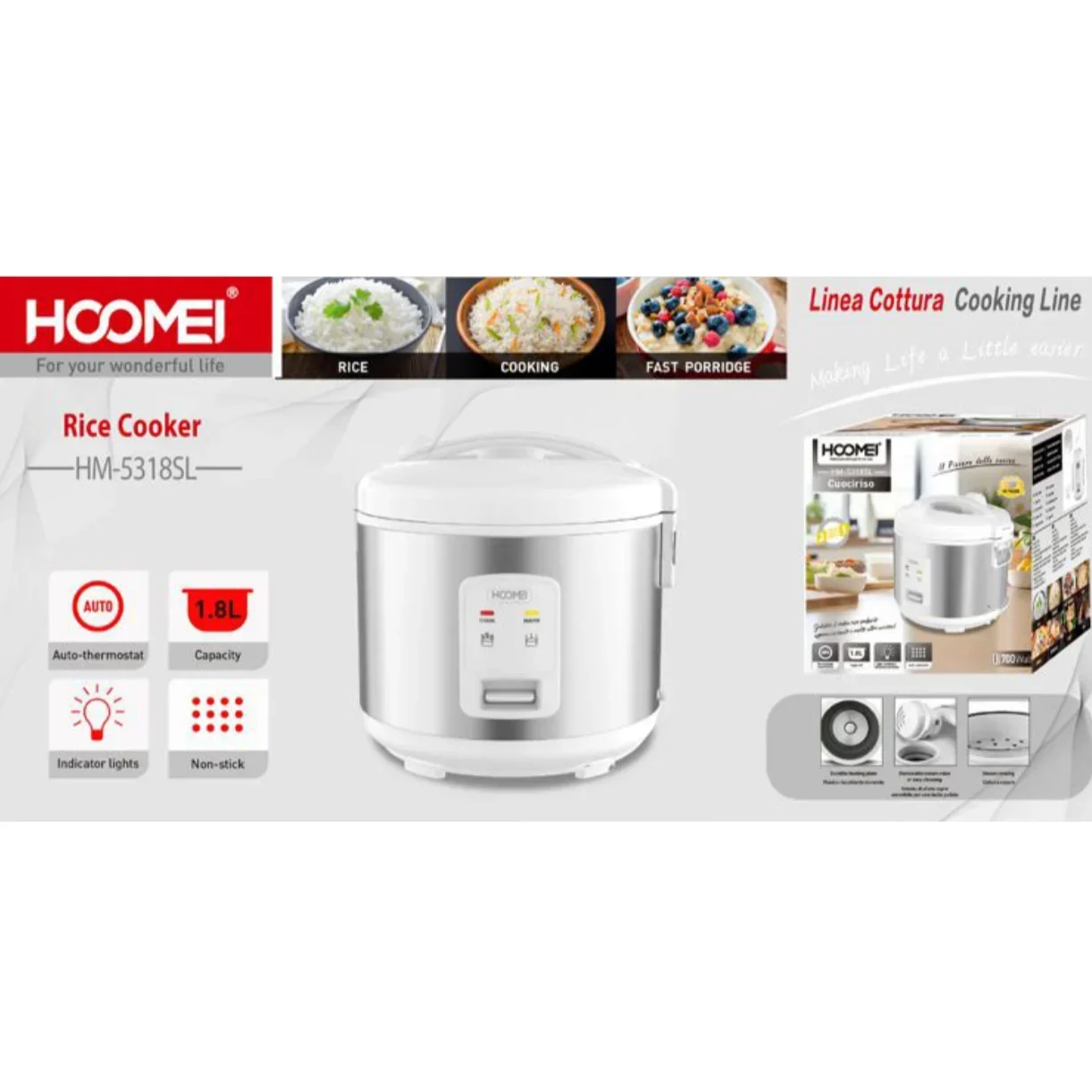Βραστήρας Ρυζιού 700W 1.8 Λίτρων με 2 Λειτουργίες και Αντικολλητικό Τηγάνι Rice Cooker Hoomei Βραστήρας Ρυζιού 700W 1.8 Λίτρων με 2 Λειτουργίες και Αντικολλητικό Τηγάνι Rice Cooker Hoomei