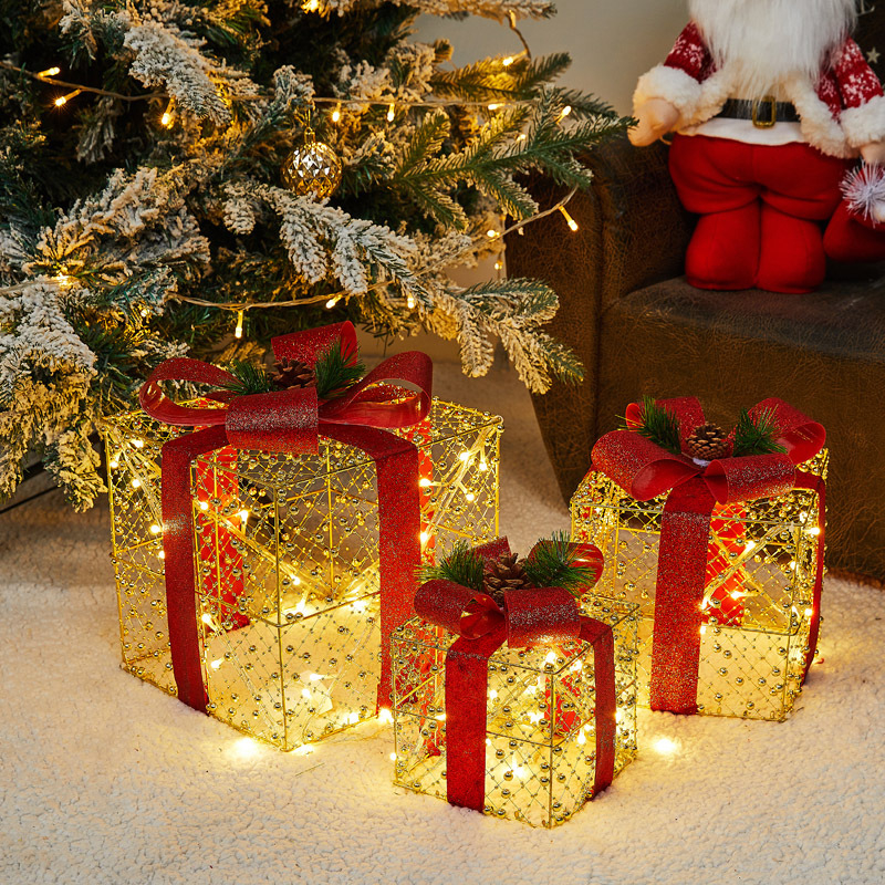 Χριστουγεννιάτικα Διακοσμητικά Δώρα LED - Σετ 3 Τεμαχίων με Κόκκινη Κορδέλα & Θερμό Λευκό Φωτισμό Χριστουγεννιάτικα Διακοσμητικά Δώρα LED - Σετ 3 Τεμαχίων με Κόκκινη Κορδέλα & Θερμό Λευκό Φωτισμό