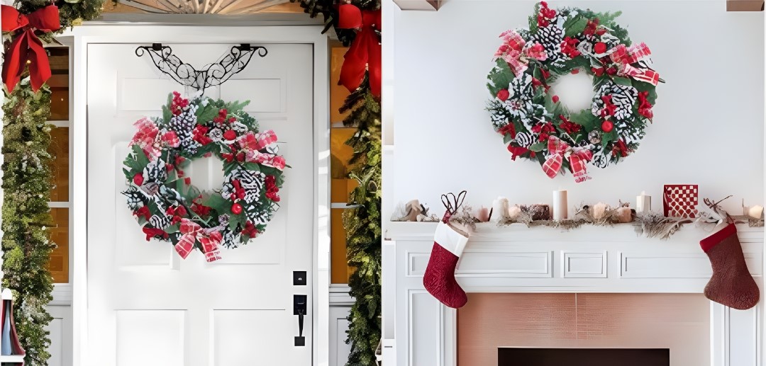 Χριστουγεννιάτικο Στεφάνι με Καρό Κορδέλες και Κουκουνάρια 30cm Χριστουγεννιάτικο Στεφάνι με Καρό Κορδέλες και Κουκουνάρια 30cm