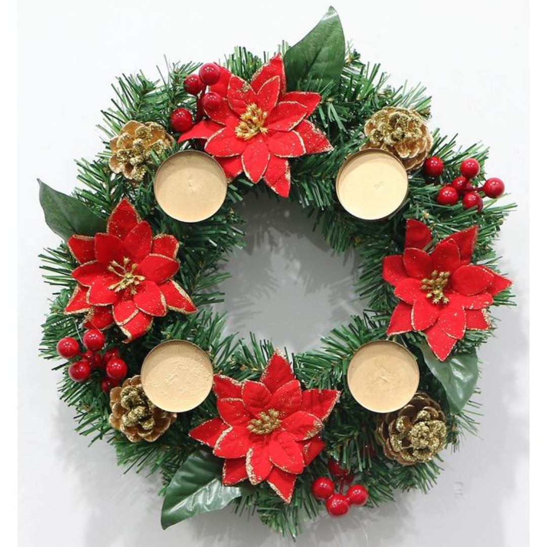 Χριστουγεννιάτικο Στεφάνι με Κόκκινα Λουλούδια και Θέσεις Κεριών 30cm Χριστουγεννιάτικο Στεφάνι με Κόκκινα Λουλούδια και Θέσεις Κεριών 30cm